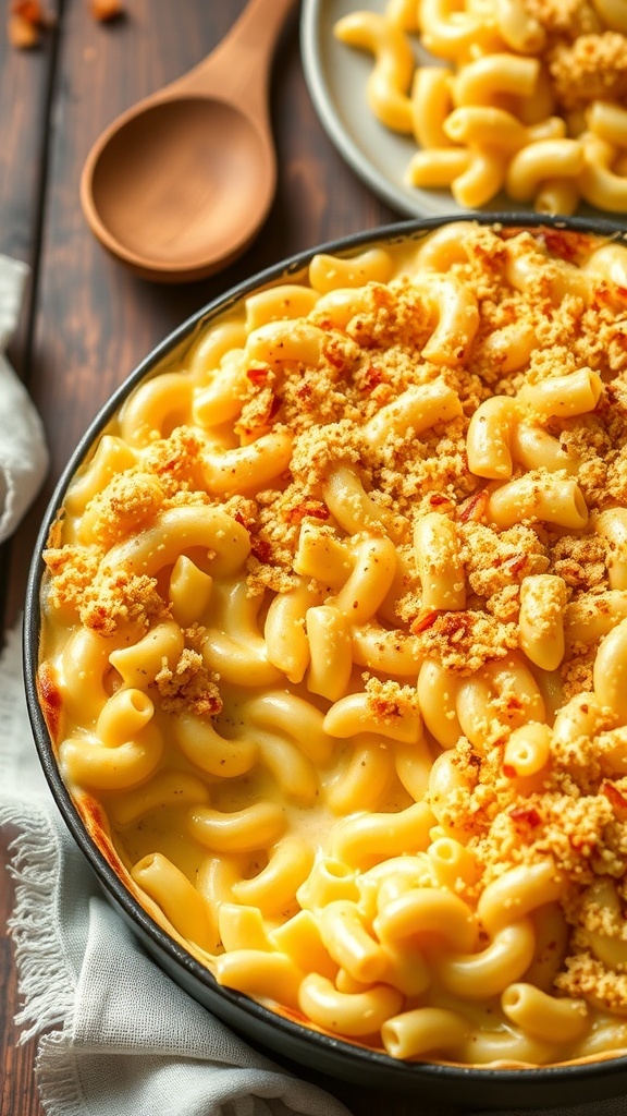 Baked macaroni and cheese with a golden breadcrumb topping in a casserole dish, served with a wooden spoon.